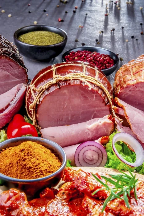 Framed Print : Composition with assorted meat products including ham Print Framed Print : Composition with assorted meat products including ham Print