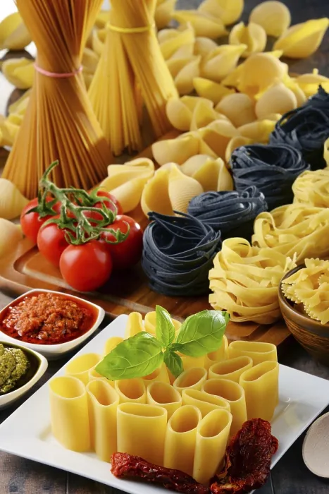 Framed Print : Composition with different sorts of pasta on kitchen table Print Framed Print : Composition with different sorts of pasta on kitchen table Print