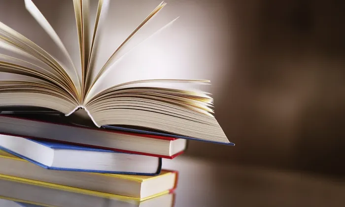 Framed Print : Book Stack with Open Hardcover Print