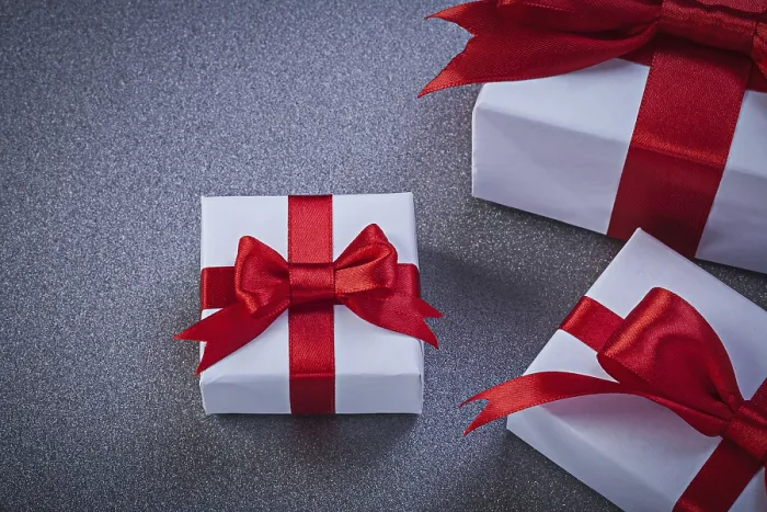 Framed Print : Wrapped Gift Boxes Print on Grey Surface