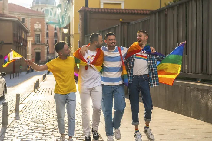 Framed Print : Couples of Men Smiling at Rainbow Flag Demonstration Print Framed Print : Couples of Men Smiling at Rainbow Flag Demonstration Print