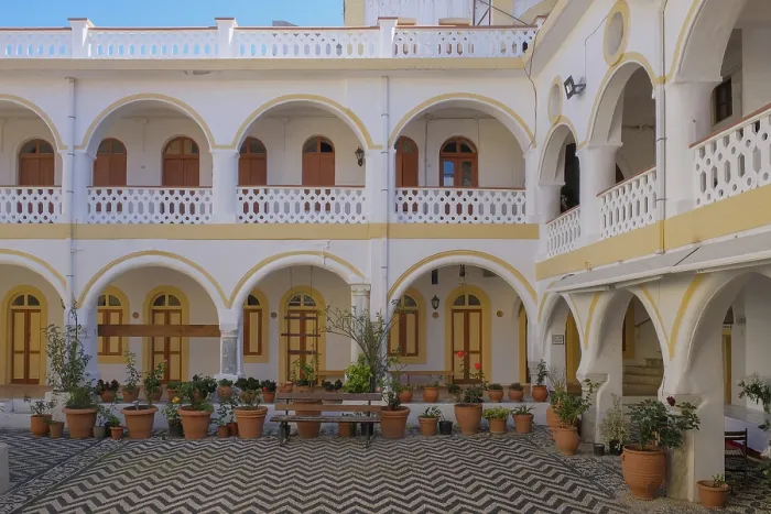 Framed Print : Panormitis Monastery Courtyard Print, Symi Island, Greece Framed Print : Panormitis Monastery Courtyard Print, Symi Island, Greece