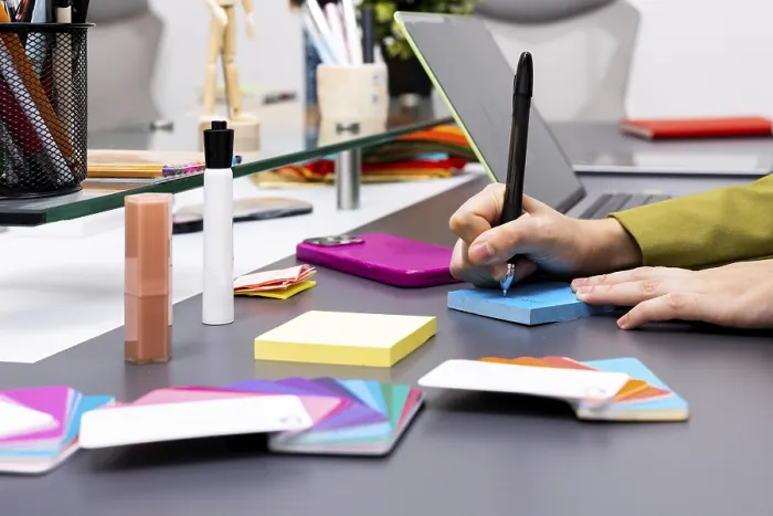 Framed Print : A Creative Workspace - Colorful Tools and Blue Notepad Print Framed Print : A Creative Workspace - Colorful Tools and Blue Notepad Print