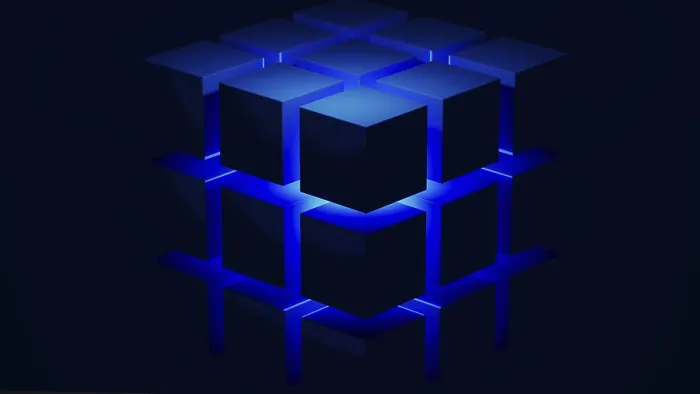 Framed Print : Blue Light Cube Structure Print: Geometric Harmony
