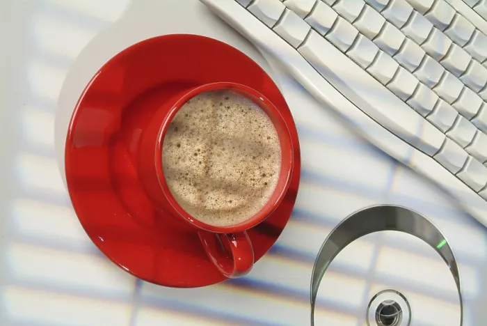 Framed Print : Studio Print: Coffee, DCs and Keyboard Framed Print : Studio Print: Coffee, DCs and Keyboard