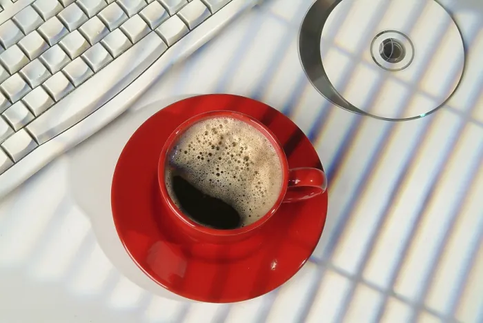 Framed Print : Studio Print: Coffee, DCs and Keyboard Framed Print : Studio Print: Coffee, DCs and Keyboard