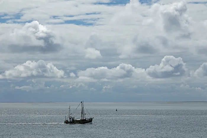Framed Print : Cutter in front of Busum, clouds, backlight Print
