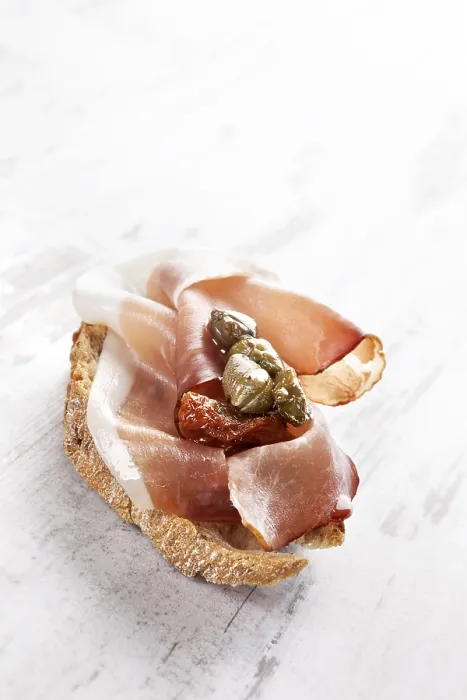 Framed Print : Rustic Tapas Print: Ciabatta with Prosciutto and Capers Framed Print : Rustic Tapas Print: Ciabatta with Prosciutto and Capers