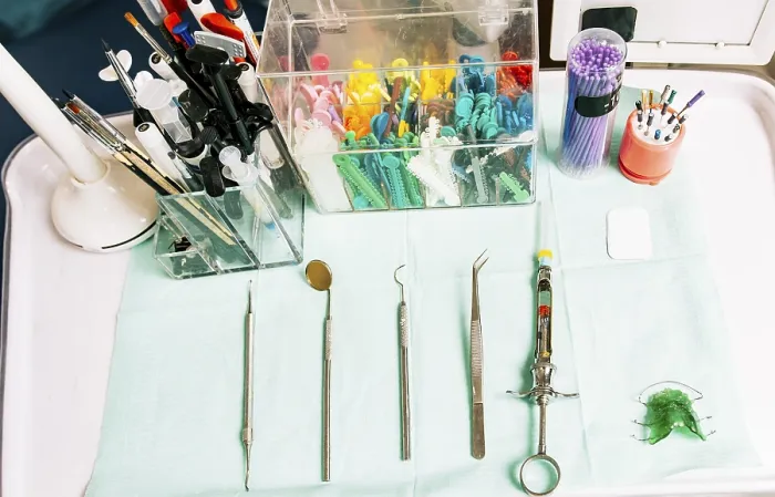 Framed Print : Dentist Tools Print: Top View of Dental Instruments on Table Framed Print : Dentist Tools Print: Top View of Dental Instruments on Table