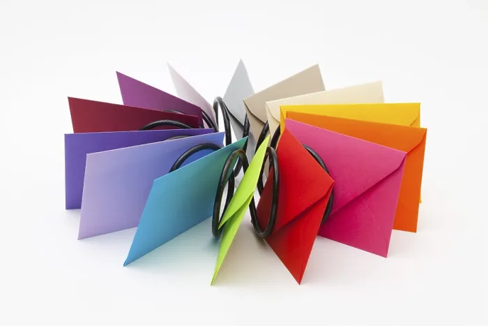 Framed Print : Different Colored Envelopes on White Table Print Framed Print : Different Colored Envelopes on White Table Print