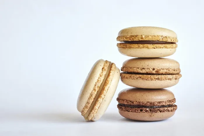 Framed Print : Brown Macaron Stack Gray Background Print Framed Print : Brown Macaron Stack Gray Background Print