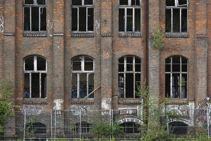 Framed Print : Red Brick Facade Print with Graffiti and Broken Windows Framed Print : Red Brick Facade Print with Graffiti and Broken Windows