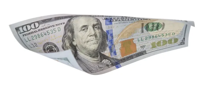 Framed Print : One Hundred Dollar Bill Print Falling on Empty Background