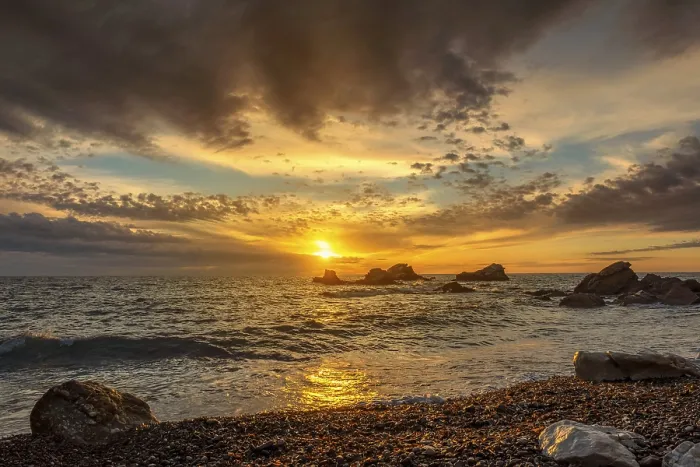 Framed Print : Dramatic Sunset Sky Print over Adriatic Beach Rocks Framed Print : Dramatic Sunset Sky Print over Adriatic Beach Rocks