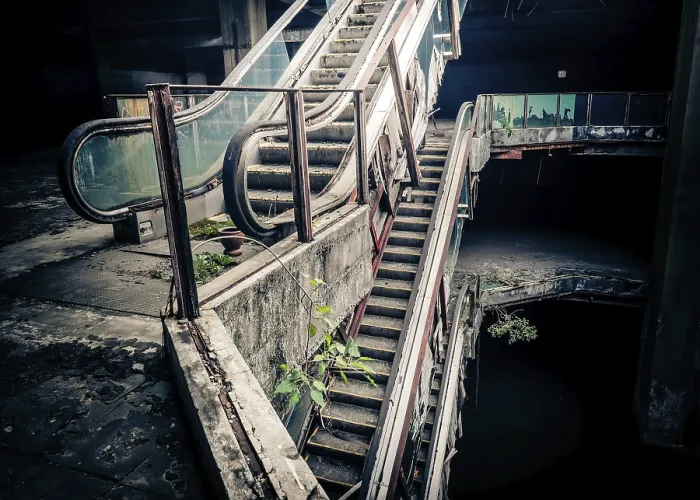 Framed Print : Abandoned Building Print: Damaged Escalators Framed Print : Abandoned Building Print: Damaged Escalators