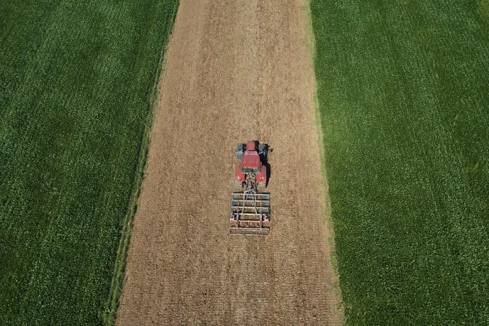 Framed Print : Drone View Print: Tractor in Austrian Agricultural Landscape Framed Print : Drone View Print: Tractor in Austrian Agricultural Landscape