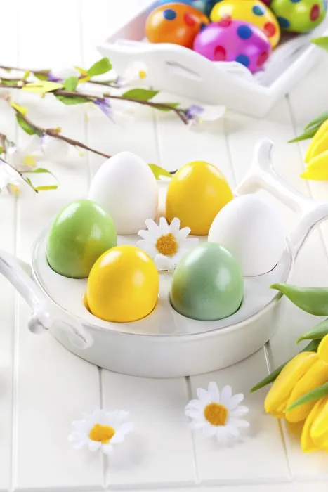 Framed Print : Easter Eggs with Spring Flowers Decorating Table Print