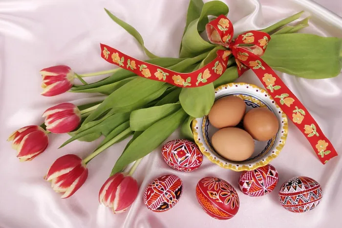 Framed Print : Easter Print with Eggs and Tulips Framed Print : Easter Print with Eggs and Tulips