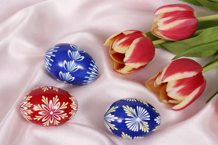 Framed Print : Easter Print with Eggs and Tulips Framed Print : Easter Print with Eggs and Tulips