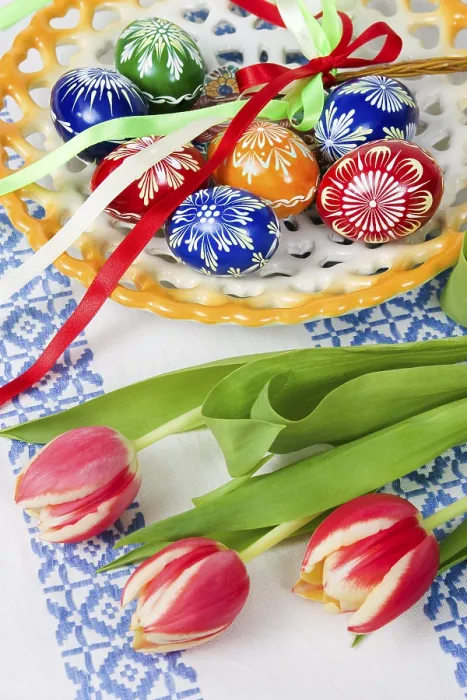 Framed Print : Easter Print with Eggs and Tulips Framed Print : Easter Print with Eggs and Tulips