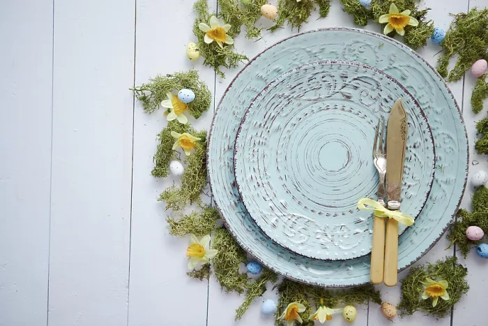 Framed Print : Easter Table Setting Print with Flowers and Eggs