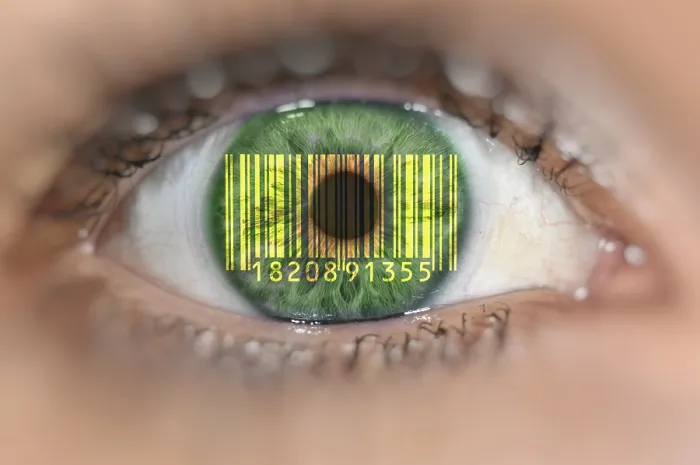 Framed Print : Detail of Eye with EAN Barcode Print Framed Print : Detail of Eye with EAN Barcode Print