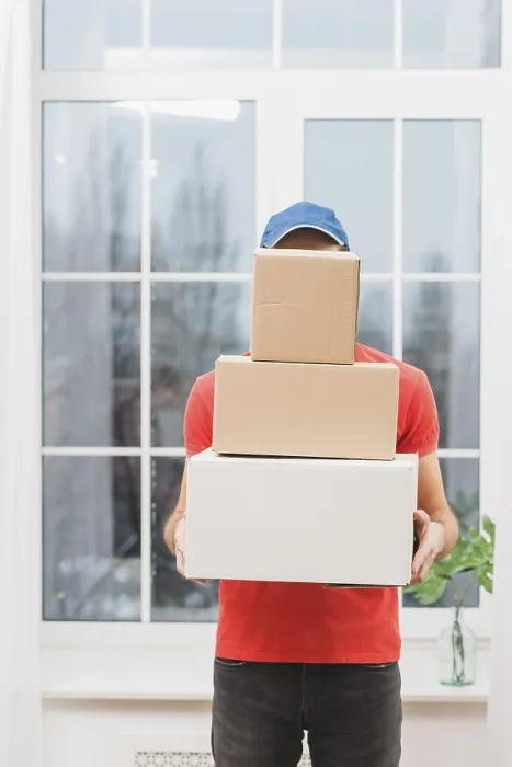 Framed Print : Faceless Courier with Stack Parcels Print Framed Print : Faceless Courier with Stack Parcels Print