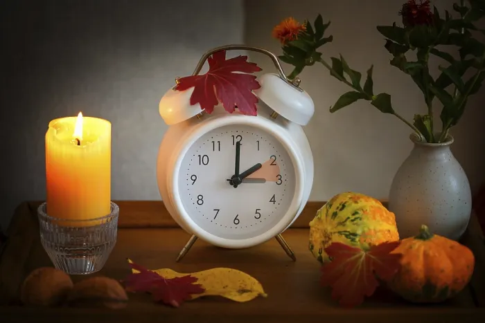 Framed Print : Fall Back Time Change Print with Autumn Decorations Framed Print : Fall Back Time Change Print with Autumn Decorations