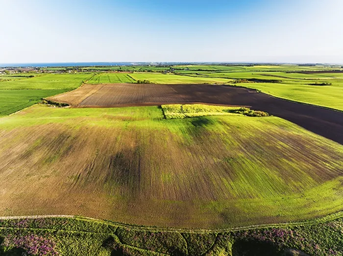 Framed Print : Farm and Fields Print over Bempton Cliffs from a Drone Framed Print : Farm and Fields Print over Bempton Cliffs from a Drone