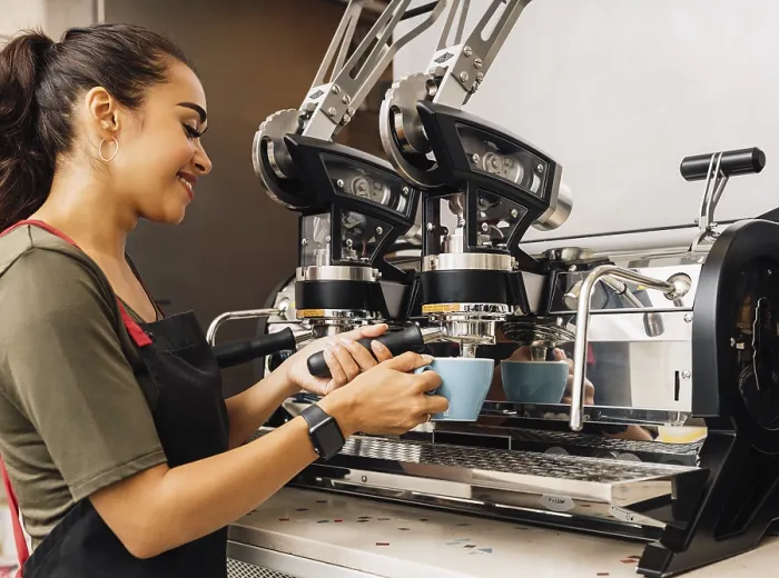Framed Print : Female Barista Using a Coffee Machine Print Framed Print : Female Barista Using a Coffee Machine Print