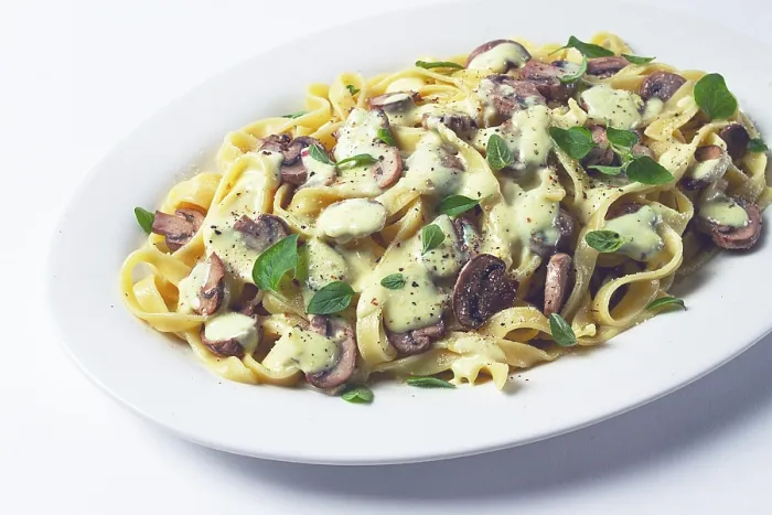 Framed Print : Fettuccine with Champignons, Basil in Cream Sauce Print Framed Print : Fettuccine with Champignons, Basil in Cream Sauce Print