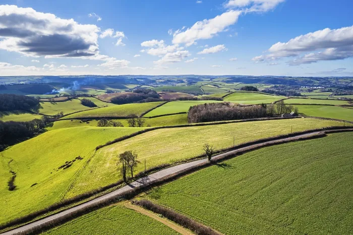 Framed Print : Fields and Farmlands in Spring Drone Print, Devon, UK Framed Print : Fields and Farmlands in Spring Drone Print, Devon, UK