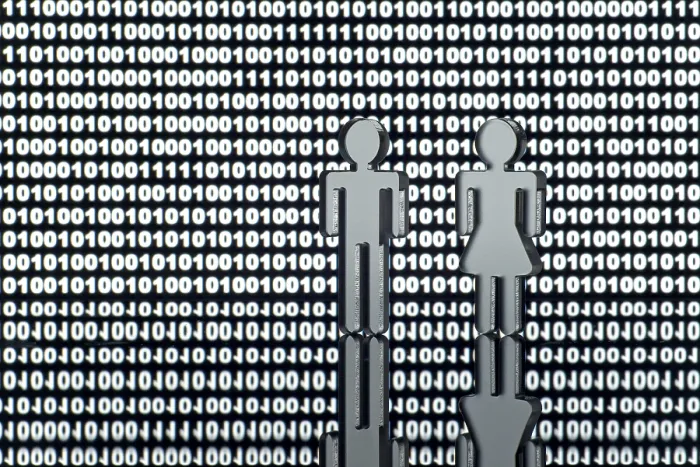 Framed Print : Binary Code Print: Two Figures in Front of a Computer Screen Framed Print : Binary Code Print: Two Figures in Front of a Computer Screen