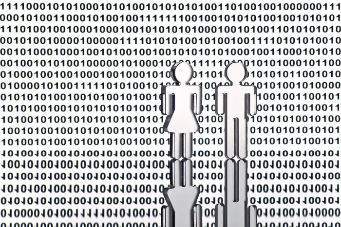 Framed Print : Binary Code Print: Two Figures in Front of Computer Framed Print : Binary Code Print: Two Figures in Front of Computer