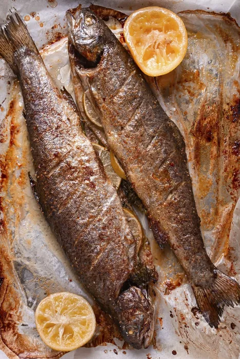 Framed Print : Baked Fish with Lemon on a Baking Sheet Print Framed Print : Baked Fish with Lemon on a Baking Sheet Print