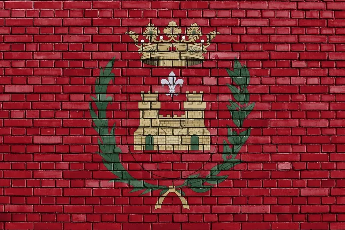 Framed Print : Flag of Elda Painted on Brick Wall Print
