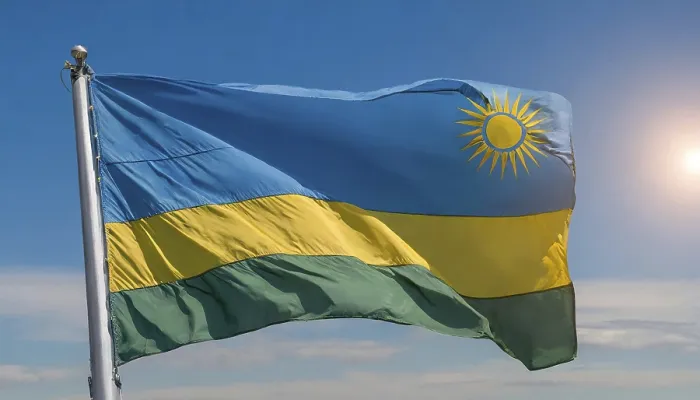 Framed Print : Rwanda Flag Print - Blue Sky Background Framed Print : Rwanda Flag Print - Blue Sky Background