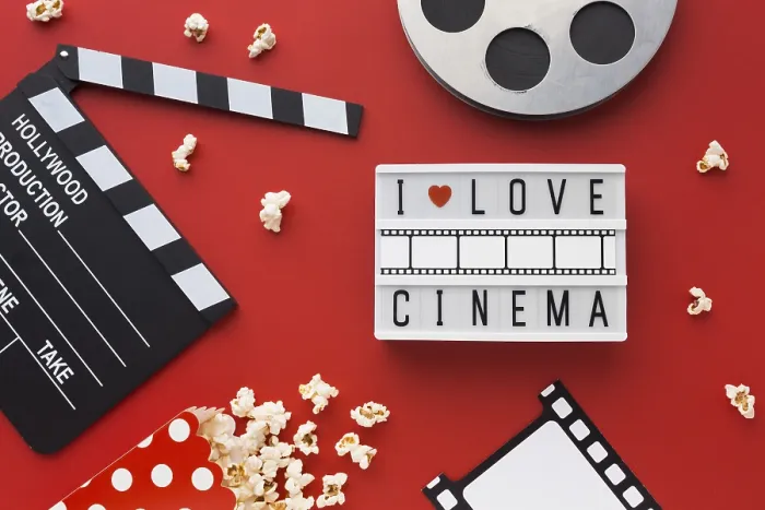 Framed Print : Flat Lay Cinema Elements Red Background Print Framed Print : Flat Lay Cinema Elements Red Background Print