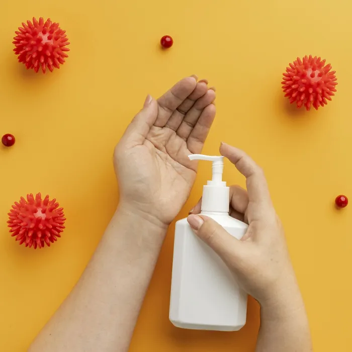 Framed Print : Flat Lay Hands Using Liquid Soap with Viruses Print Framed Print : Flat Lay Hands Using Liquid Soap with Viruses Print