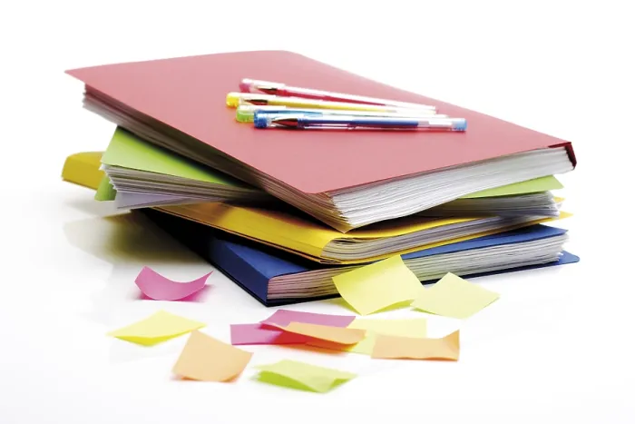Framed Print : Office Essentials Print - Folder, Post-it Notes and Pens Framed Print : Office Essentials Print - Folder, Post-it Notes and Pens