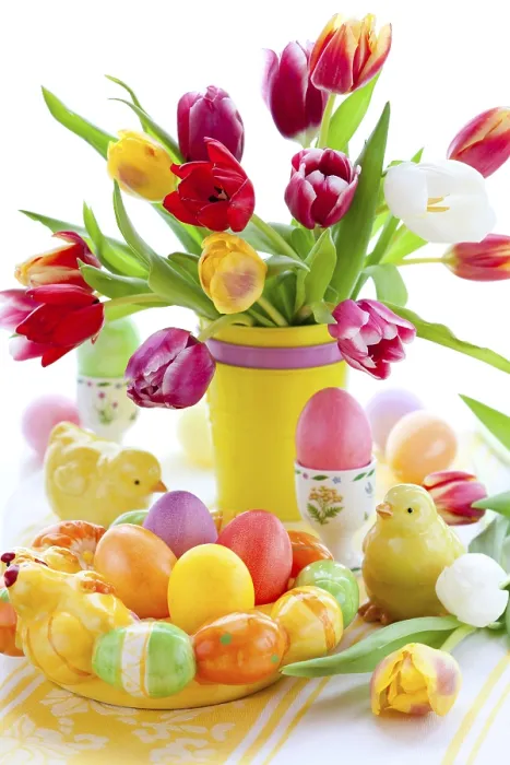 Framed Print : Easter Table Decorations with Tulips and Eggs Print