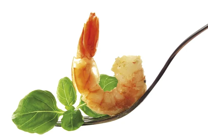 Framed Print : Print of Fork Holding Shrimp and Basil Framed Print : Print of Fork Holding Shrimp and Basil