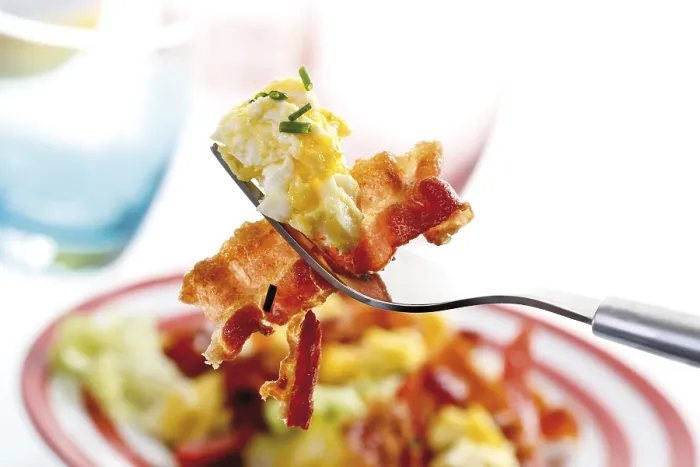Framed Print : Breakfast Fork Print with Scrambled Egg, Bacon and Chives Framed Print : Breakfast Fork Print with Scrambled Egg, Bacon and Chives