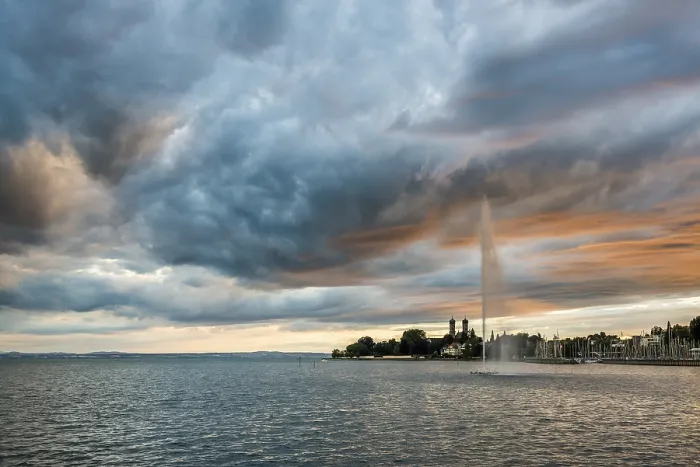 Framed Print : Fountain and Thunderclouds at Sunset Print, Friedrichshafen Germany Framed Print : Fountain and Thunderclouds at Sunset Print, Friedrichshafen Germany