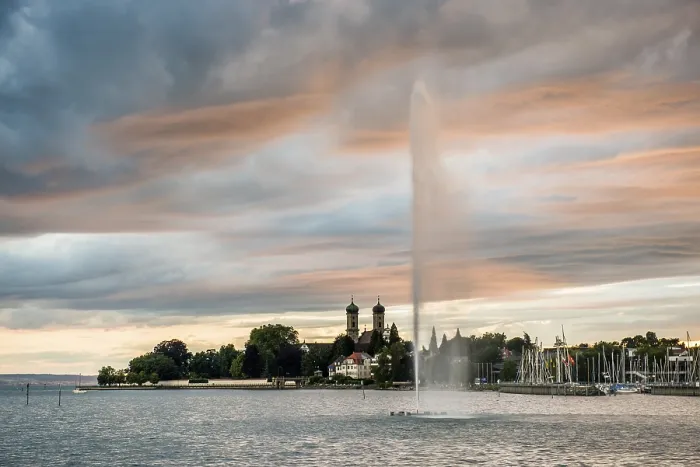 Framed Print : Fountain and Thunderclouds Print at Sunset, Friedrichshafen Germany Framed Print : Fountain and Thunderclouds Print at Sunset, Friedrichshafen Germany