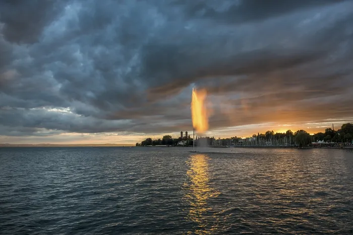 Framed Print : Fountain and Thunderclouds Print, Friedrichshafen, Germany Framed Print : Fountain and Thunderclouds Print, Friedrichshafen, Germany