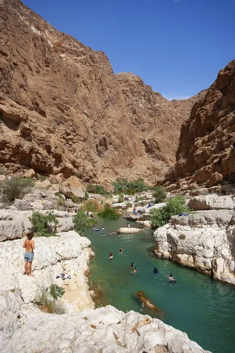 Framed Print : Freshwater pool between rugged cliffs, Wadi Shab, Oman print