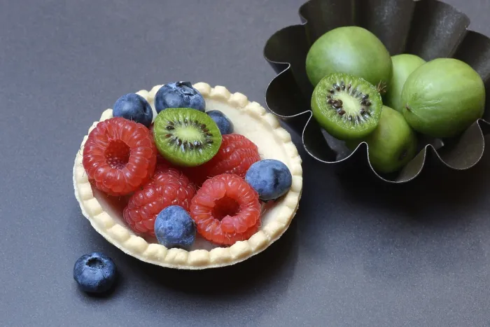 Framed Print : Fruit Tartlet Print with Raspberry, Blueberry and Kiwi Framed Print : Fruit Tartlet Print with Raspberry, Blueberry and Kiwi