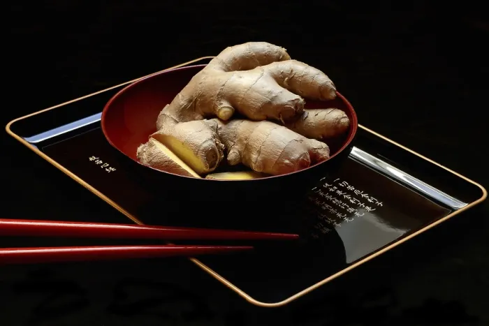 Framed Print : Ginger Root in Tea Bowl Print, Zingiber officinale