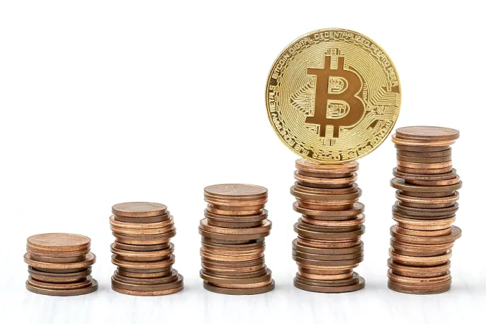 Framed Print : Golden Bitcoin on Coins Stack Print - Cryptocurrency Concept Framed Print : Golden Bitcoin on Coins Stack Print - Cryptocurrency Concept